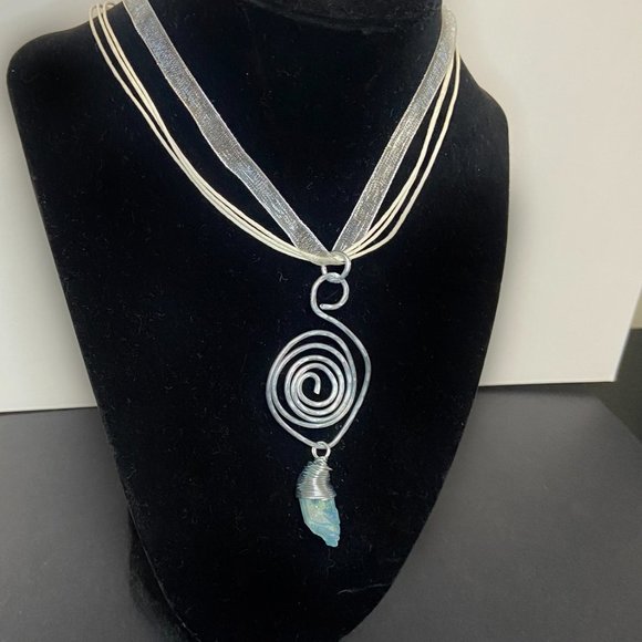 Hammered Stainless Steel Wire Pendant w/ Wrapped Blue Dyed Quartz Stone - Picture 5 of 12